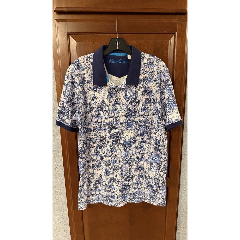 Robert Graham Men's M Polo Shirt Abstract Print Short Sleeve Blue Classic Fit